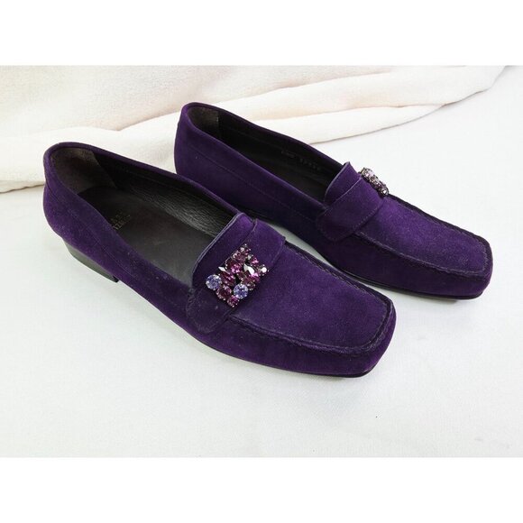 Stuart Weitzman Size 7M Women Purple Suede Leather Jeweled Slip On Loafers Spain - Picture 11 of 13